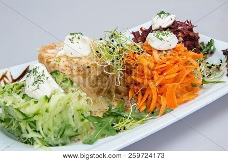 Fresh Green Salad With Feta Sauce And Halumi Cheese
