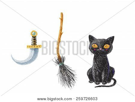 Hand Drawn Cute Black Witch Cat, Broom Stick And Blade Isolated On White Background. Pencil Drawing.