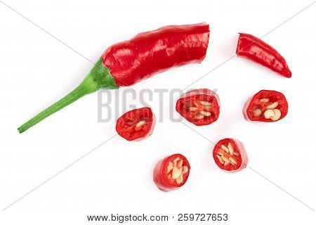 Sliced Red Hot Chili Pepper Isolated On White Background. Top View. Flat Lay Pattern