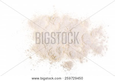 Pile Of Wheat Flour Isolated On White Background. Top View. Flat Lay