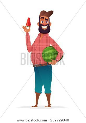 Chifull Farmer Holding Slice Of Watermelon. Character Design Illustration