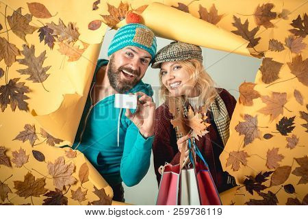 Happy Woman And Surprised Man On Autumn Background. Autumn Copy Space For Trend Vogue. Happy Couple 