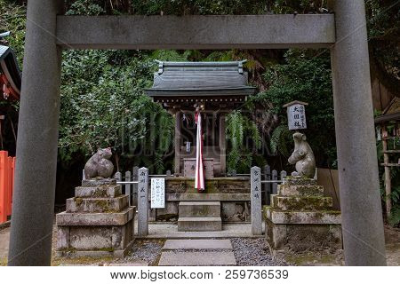 Kyoto, Japan - 08 Feb 2018: Two Mice Statues And Shrine Framed Between Torii Gate On Otoyo Jinja Shr