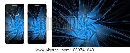 Smartphone Interface And Abstract Blue Fractal Flower Background On A Black Background