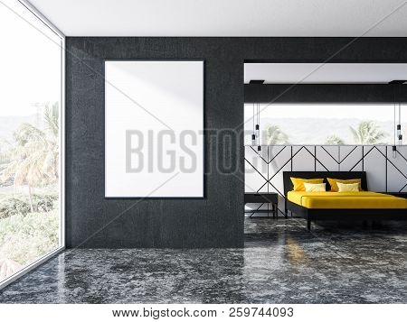 Gray And White Bedroom Interior With A Concrete Floor, A Panoramic Window And Yellow Blanket Masterb