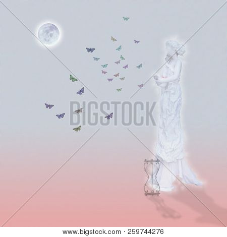 Woman`s marble statue and butterflies. Glowing moon and hourglass. 3D rendering