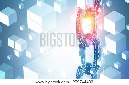 White Cubes Over Blue Background And Vertical Chain With Binary Numbers On It Interface. Concept Of 