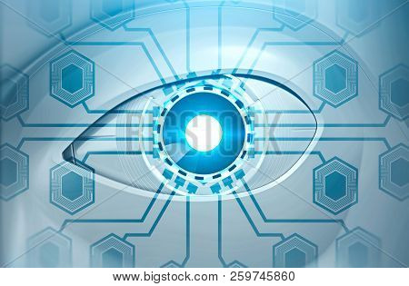 White Robot Face Close Up With A Camera Eye And Blue Circuits Network Icons. Hi Tech And Artificial 