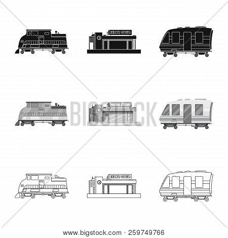 Vector Illustration Of Train And Station Sign. Set Of Train And Ticket Stock Symbol For Web.