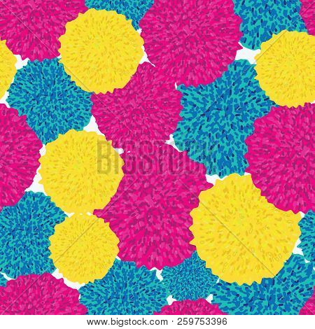Magenta, Pink, Turquoise And Yellow Pompom Repeating Seamless Pattern