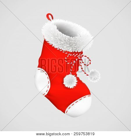 Empty Christmas Red Sock With Fluffy Fur And Buboes Is Ready For Gifts. Vector Realistic Illistratio