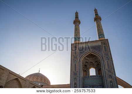 Jameh Mosque, With Its Distinctive Tiles Minarets, Seen At Sunset. Jameh Mosque Is One Of The Symbol