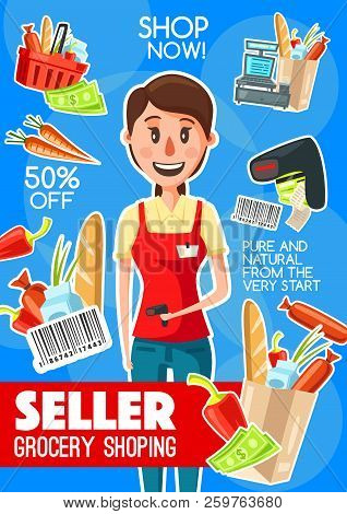 Supermarket Cashier Or Grocery Seller Banner For Retail Store Profession Design. Shop Assistant With
