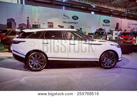 Krasnoyarsk, Russia - September 22, 2018: Exhibition Motor Expo Show Car Range Rover Velar. Right Vi