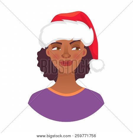 Christmas Woman In Santa Claus Hat. Emotions Of African American Woman Face. Facial Expression. Afri