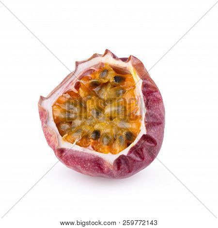 Whole And Cut Passion Fruits Isolated On White Background With Clipping Path