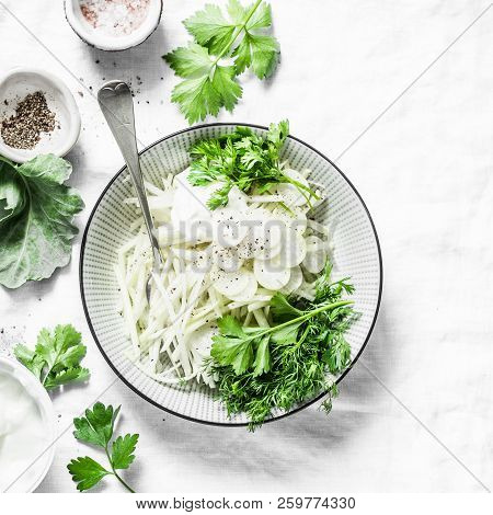 Daikon And Kohlrabi Cabbage Slaw Salad On Light Background, Top View