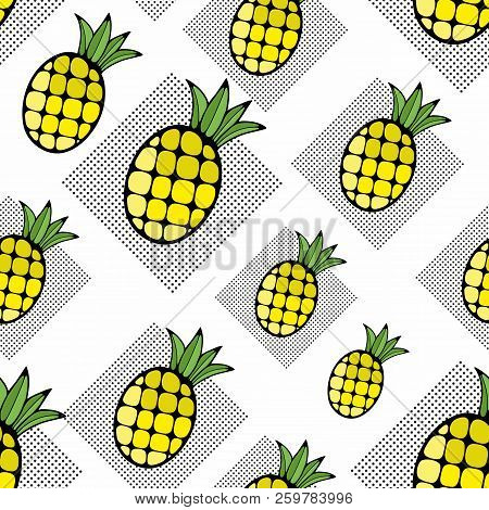 Creative Background With Hand Drawn Pineapple Fruits And Polka Dot Patterns.