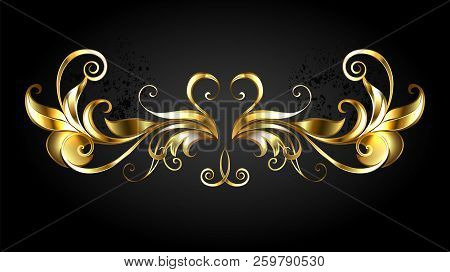 Gold, Antique, Shiny, Jeweler Frame Scroll With Leafs On Black Background.