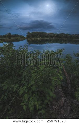 Night Landscape. Moon Shining Over The Lake And Plants In Foreground