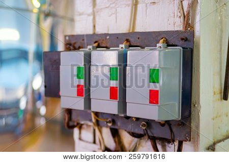 Automatic Push-button Switch Of Network Equipment Of Three-phase Network Installed On The Wall In Th
