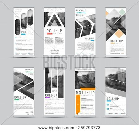 Vector Design Of Roll-up Banners With Different Geometric Shapes For A Photo.