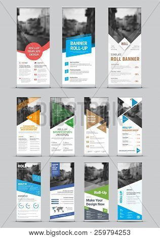 Design Of Vector White Roll-up Banners With Round, Square, Diagonal And Triangular Design Elements A
