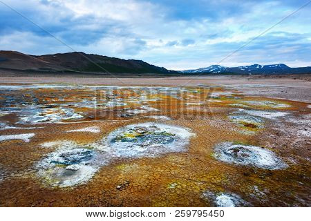 Smoking fumaroles on Hverarond valley, north Iceland, Europe. Landscape photography