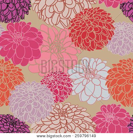 Vector Dahlias Autumn Colorful Seamless Repeat Pattern Background Great For Textile, Home Decor Proj