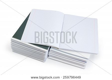 Open Blank Exercise Book With Squared Paper And Red Vertical Lines For A Margins On The Two Stacks O