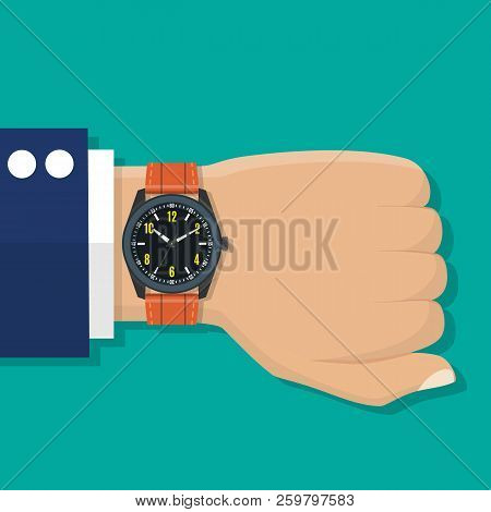 Wristwatch On The Hand Of Businessman In Suit. Time On Wrist Watch. Man With Clock Checks The Time. 