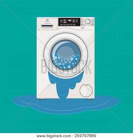 Broken Washing Machine From Which Water Flows. Calling The Master. Vector Illustration In Flat Style