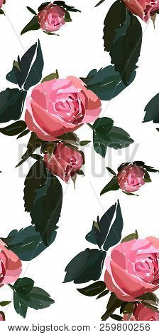 Floral Seamless Background Pattern. Watercolor Pink Garden Roses In Hand Drawn Style. Elegant Flower