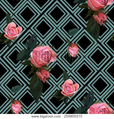 Floral Seamless Background Pattern With Gride. Watercolor Pink Garden Roses In Hand Drawn Style. Ele