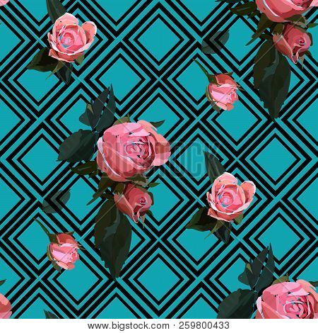 Floral Seamless Background Pattern With Gride. Watercolor Pink Garden Roses In Hand Drawn Style. Ele