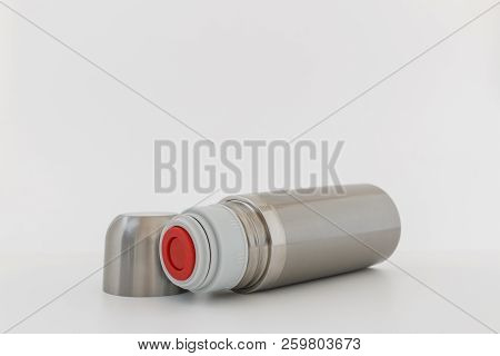 Stainless Steel Vacuum Flask , Keep Hot Water On White Background