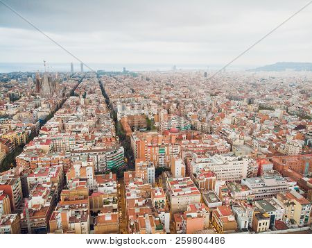 Aerial View Sants-montjuic Residential District From Helicopter. Barcelona