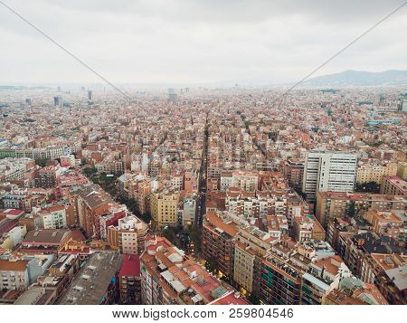 Aerial View Sants-montjuic Residential District From Helicopter. Barcelona