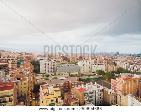 Aerial View Sants-montjuic Residential District From Helicopter. Barcelona