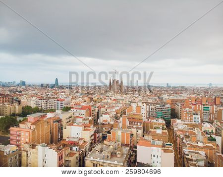 Aerial View Sants-montjuic Residential District From Helicopter. Barcelona