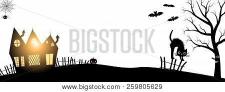 Vector Banner For Halloween Evnets In Black And White Minimal Style With Silhouettes Of A Haunted Ho