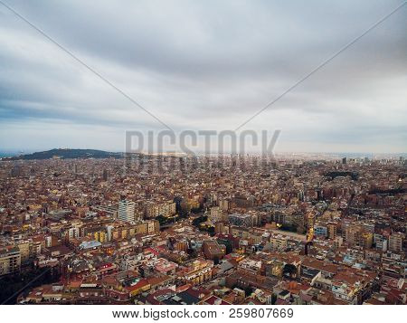 Aerial View Sants-montjuic Residential District From Helicopter. Barcelona