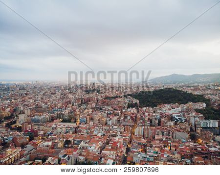 Aerial View Sants-montjuic Residential District From Helicopter. Barcelona