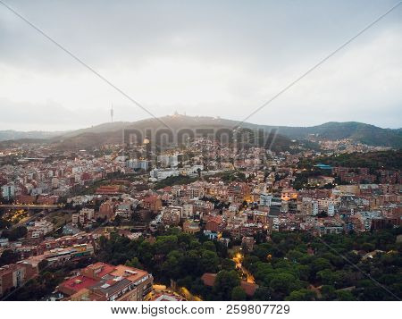 Aerial View Sants-montjuic Residential District From Helicopter. Barcelona