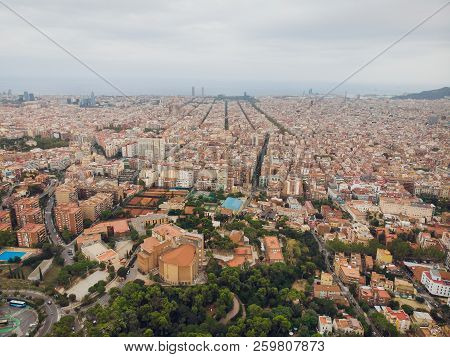 Aerial View Sants-montjuic Residential District From Helicopter. Barcelona