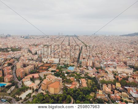 Aerial View Sants-montjuic Residential District From Helicopter. Barcelona