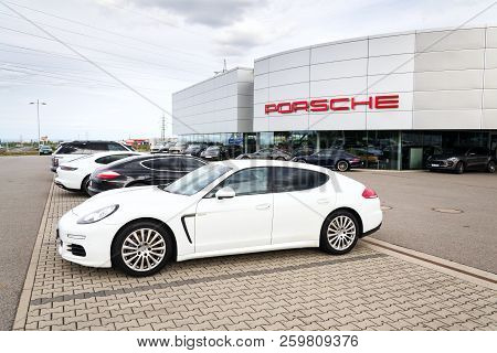 Prague, Czech Republic - September 22 2018: Cars In Front Of Porsche Automotive Company Dealership B