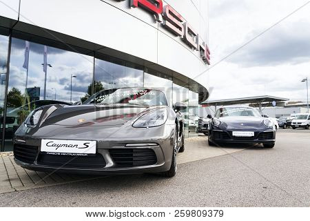 Prague, Czech Republic - September 22 2018: Cars In Front Of Porsche Automotive Company Dealership B