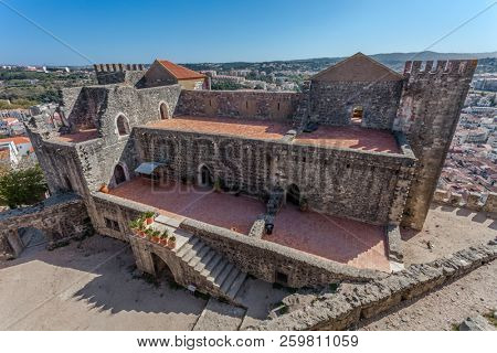 Leiria, Portugal - October 10, 2017: The Gothic Palatial Residence aka Pacos Novos of the Leiria Caste. The medieval Royal Palace built inside the castle.