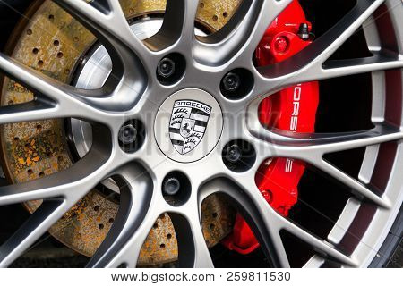 Prague, Czech Republic - September 22 2018: Porsche Automotive Company Logo On Wheel And Brakes In F